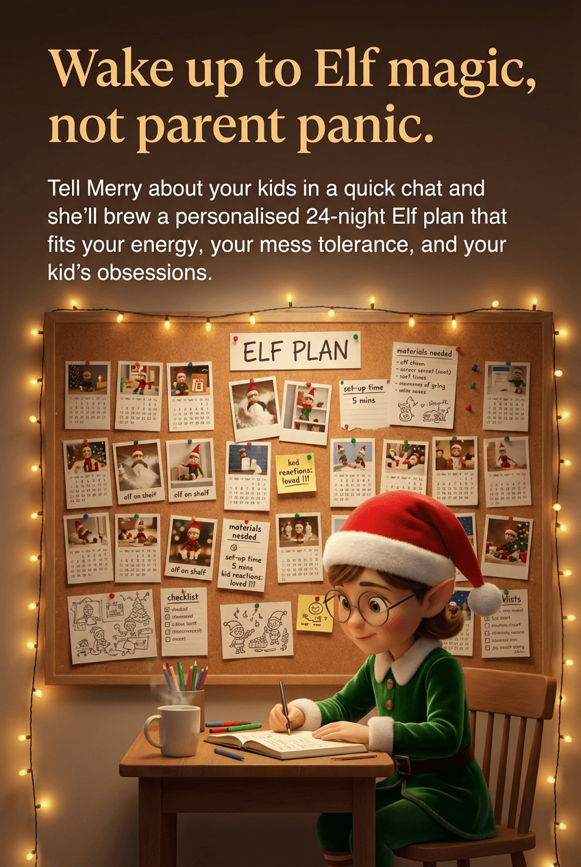 Merry the Elf planning December Elf magic in a cosy room